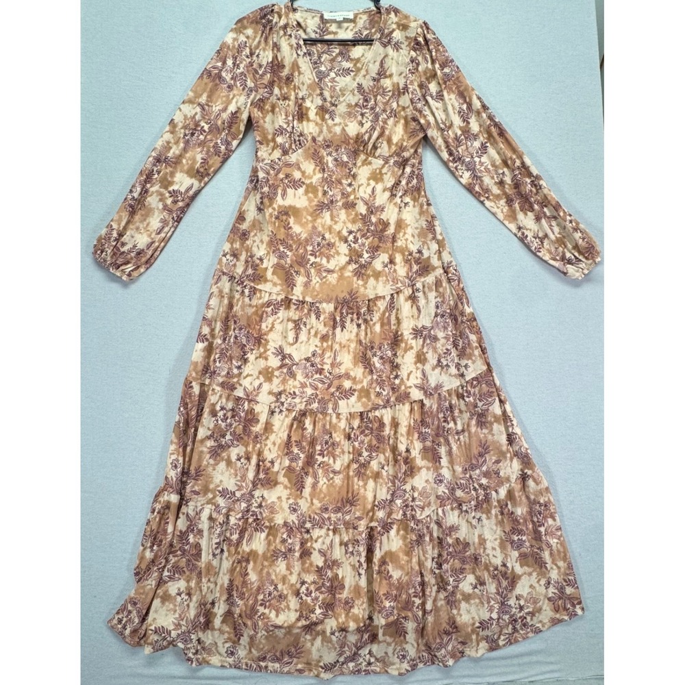 Lucky Brand Womens Floral Paisley Tiered Mesh Maxi Dress Brown Medium
